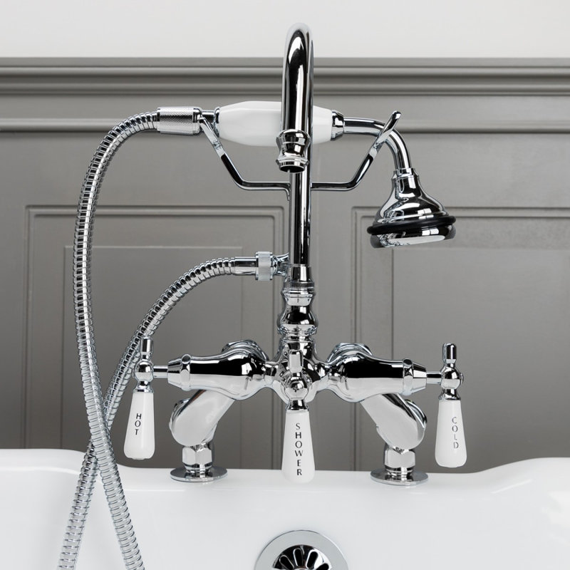 Chevington Triple Handle Deck Mounted Clawfoot Tub Faucet with Diverter and Handshower Wayfair